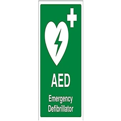 Immagine di VSafety, cartello di primo soccorso con scritta “AED Emergency Defibrillator (lingua italiana non garantita), autoadesivo, verticale, 150 mm x 200 mm, colore verde, 31034AN S