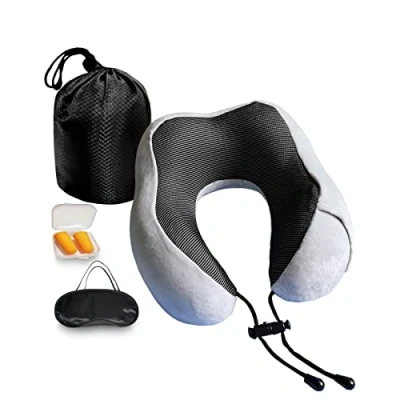 Immagine di NavoX cuscino da viaggio in memory foam collo con maschera per dormire, tappi le orecchie, tasca sul collo, leggero campeggio, auto, ufficio, (Grigio)