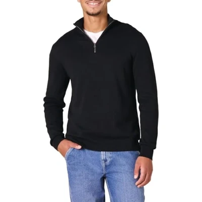 Immagine di Amazon Essentials Maglione con Cerniera sul Collo in Cotone 100% Uomo, Nero, XL
