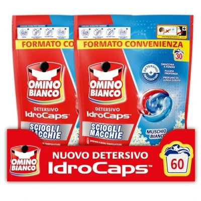 Immagine di Omino Bianco Idrocaps Detersivo Lavatrice in Capsule Sciogli Macchie, 60 Lavaggi, Efficace a Basse Temperature, Profumo Muschio Bianco, 30 Caps x 2 Confezioni