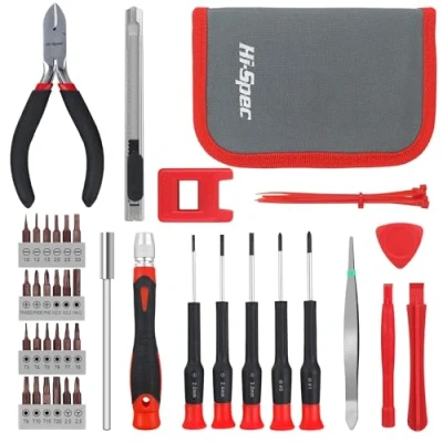 Immagine di Hi Spec Kit di strumenti per riparazioni elettroniche precisione da 38 pezzi. con giravite portainserti a cricchetto inserti croce, intaglio, stella, esagonale e tripoint, pinze
