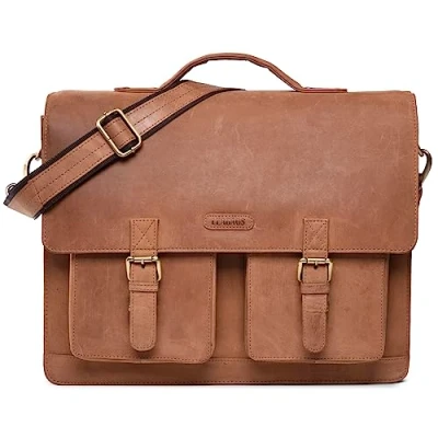 Immagine di LEABAGS Borsa documenti per uomo e donna Custodia laptop in vera pelle 15&quot; a tracolla con messenger da lavoro insegnanti Marrone chiaro naturale