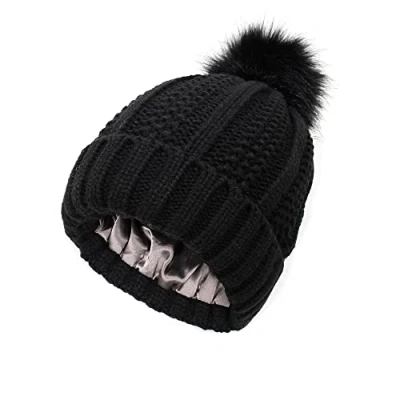 Immagine di TOEECY Berretto Invernale da Donna Cappello Beanie Caldo con Pom Pelliccia Faux Morbido Berretti in Maglia Raso Foderato Cappellino Slouchy ed Moda per Proteggere l&#039;Acconciatura (Nero)