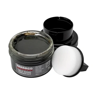 Immagine di Tarrago Kit Crema Self Shine 50 ml nutriente di cere naturali per lucidare la pelle, pelle liscia, le calzature o sintetiche Con applicatore in spugna (Steel Grey 14)