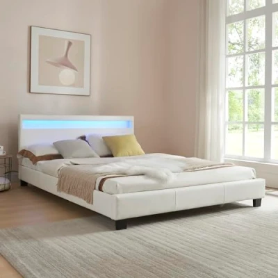 Immagine di Corium Struttura Letto Imbottito a Testiera Alta con Illuminazione LED e Telecomando Francese 140x200 cm Rivestimento in Similpelle Bianco