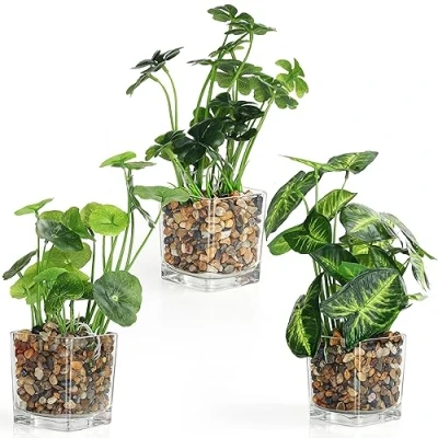 Immagine di BELLE VOUS Piante Finte in Plastica con Vasi Vetro Trasparente (3pz) da Interno/Esterno per Casa, Giardino, Parete, Cespugli, Centrotavola Matrimoni e Decorative Ufficio