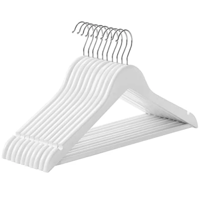 Immagine di SONGMICS Grucce Legno, 10 Pezzi, Appendiabiti con Scanalature su Spalle, Barra Portapantaloni Antiscivolo e Gancio Girevole a 360, per Completi Camicie Cappotti, Bianco Argento CRW03W10