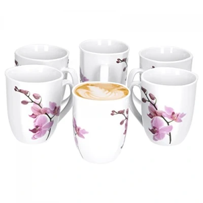Immagine di Van Well Set di 6 tazze da caffè Kyoto, 300 ml, 85 x mm, grandi in porcellana XL, motivo orchidea, rosa rosso, rosa, Gastro