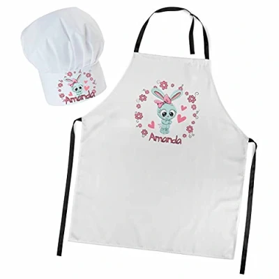 Immagine di Ferocity Set Cappello da Cuoco e Grembiule Regolabile per i Bambini con Il Tuo Nome Accessori Cucina Testo Desiderato Coniglio Adorabile [099]