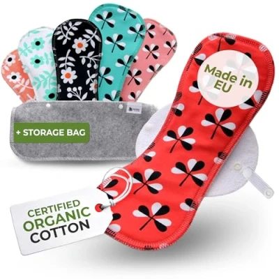 Immagine di Assorbenti Lavabili Cotone Biologico; Riutilizzabili 6 Pack (Taglia L+XL) PRODOTTI IN EU; Flusso Abbondante Notte; per il ciclo mestruale, l’incontinenza e dopo parto