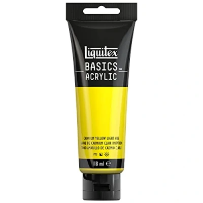 Immagine di Liquitex 8870016 Basics Pittura acrilica, Pigmenti per artisti monopigmentati, Resistente alla luce, durevole nel tempo, Finitura satinata, Tubo da 118 ml Giallo Di Cadmio Chiaro Imitazione