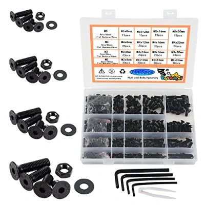 Immagine di huruirui Bulloni e Dadi Viti M2 M3 M4 M5 Incassato Set, 1065Pezzi Nero In Acciaio al Carbonio Assortimento di Viti, Esagonale con Meccanico Bullone Rondelle Chiave Inglese Kit