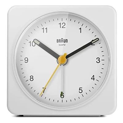 Immagine di Braun Orologio Sveglia Analogico Classico Funzione Snooze e Luce, Movimento Continuo Silenzioso, Suono Beep con crescendo, colore bianco, modello BC03W