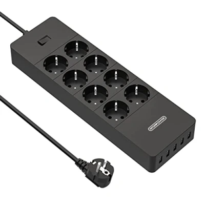 Immagine di Ciabatta Multipresa, NTONPOWER 8 Schuko con 1700 Joule Protezione da Sovratensioni e 5 Porte USB, 4000W/16A, 1,5 Metri Lunga Cavo Nero