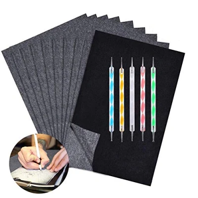 Immagine di 100 fogli di carta carbonio nera, foglio trasferimento da livello, grafite, formato A4, con set penne per goffratura, idea carta/legno/tela/tela e altre superfici