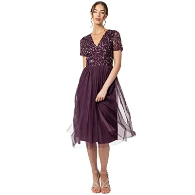 Immagine di Maya Deluxe Abito da Sera Midi Impreziosito Donna, Scollo a V con Maniche Corte, per Ballo di fine Anno, Matrimonio Vestito Damigella d’Onore, Bacca,38 EU