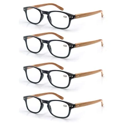 Immagine di MODFANS Confezione da 4 occhiali lettura 1.5 per uomo/donna, Cerniera a molla,leggera,effetto legno, lente trasparente con custodia,nero