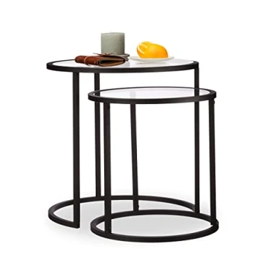 Immagine di relaxdays Tavolino da Salotto, Set 2, Portaoggetti Divano, Superficie in Vetro, Modulari, HLP 50,5x50x50 cm, Nero, Acciaio, 5 x 50 cm