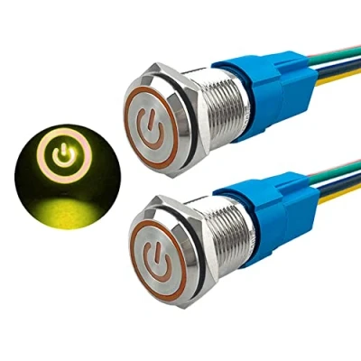 Immagine di Aiqeer 2 Pezzi 16 mm Interruttore a Pulsante Autobloccante, 12V / 24V 5A di Accensione per Auto, in Metallo con Presa Precablata (LED Giallo)