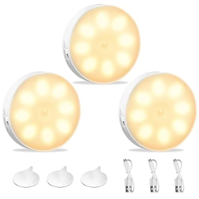 Immagine di KEWUZY Luce Armadio con Sensore di Movimento, 3 Pezzi Notturna LED Interna Ricaricabile USB, Movimento per Luci, 8 Modalità (Auto/On/Off) Armadietto, Scale, Corridoi, Camera