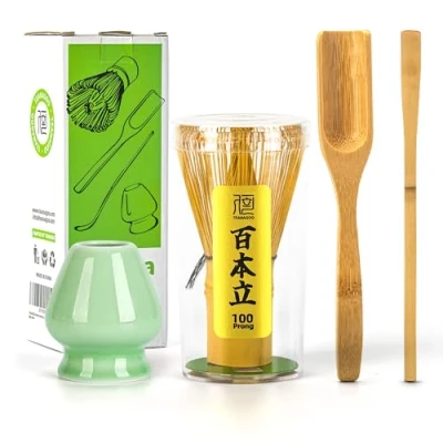 Immagine di TEANAGOO Accessorio per la cerimonia del Matcha giapponese, frusta (Chasen), paletta di bambù (Chashaku), cucchiaio da tè, porta in celadon verde, TG I1, il set perfetto