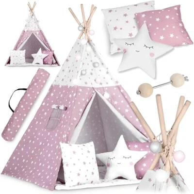 Immagine di NUKIDO Set di 3 cuscini per bambini, stile Montessori, in cotone e telaio legno con tappetino isolante, 120 x 165 cm, colore: Rosa stelle