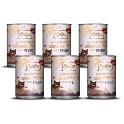 Immagine di MjAMjAM Cibo umido premium per gatti Duett Filetto di pollo e baci cavallo, confezione da 6 (6x390g), senza cereali