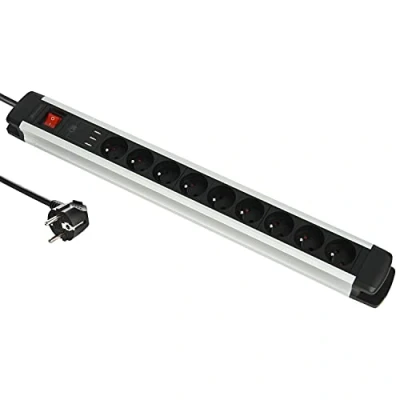 Immagine di Electraline 35431 Alu Line Blocco multipresa (9 prese + 3 USB tipo A 3.A) con corpo in alluminio, cavi 3G1.5mm, 2M, ON/OFF Switch, nero