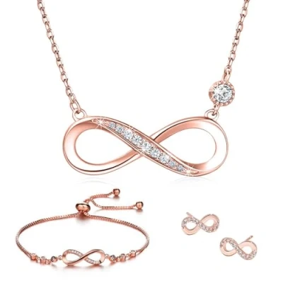 Immagine di Parure di Gioielli da Donna Collana Bracciale Orecchini Set con Simbolo Infinito Zirconi in Argento 925 Regolabile Collane Bracciali per Lei Moglie Mamma