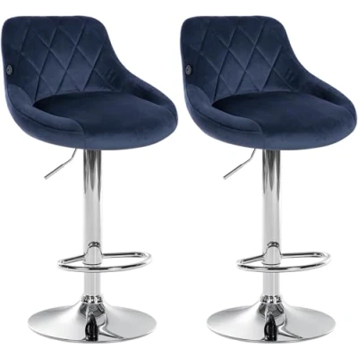 Immagine di CLP Set di 2 sgabelli da Bar Lazio in Velluto I Sgabello banco Girevole con poggiapiedi Regolabile Altezza, Colore:Blu, Colore del Telaio:Cromo
