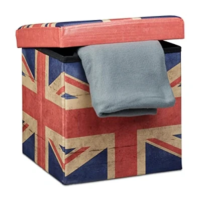 Immagine di Relaxdays Sgabello Contenitore, 38x38x38 cm, Pouf Portaoggetti, UK, Pelle Finta, Coperchio Imbottito, Multicolore, Set da 1 pz