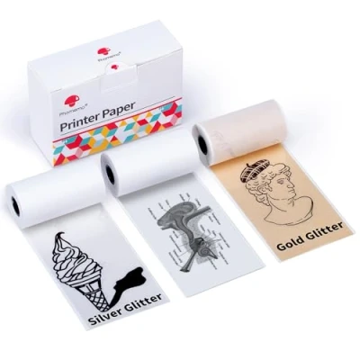 Immagine di Phomemo Stampante M02/M02Pro/M02S/M03/M03AS/M04S/M04AS Paper, Carta Termica, Trasparente e Argento Glitterato, Set di Adesiva Stampabile, 3 Rotoli