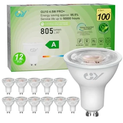 Immagine di GY Lampadina LED GU10, 4.5W Equivalenti a 100 Watt Alogeni, 805 Lumen, 2700K Bianco Caldo, Attacco GU10 Lampada Faretto 36, Lunga Durata e Basso Consumo, 12 Pezzi