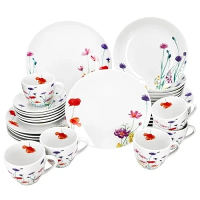 Immagine di MamboCat Marie Servizio combinato da 30 pezzi, in porcellana con decorazione prato floreale, per 6 persone, tazze, piattini, piatti torta, fondi e piani