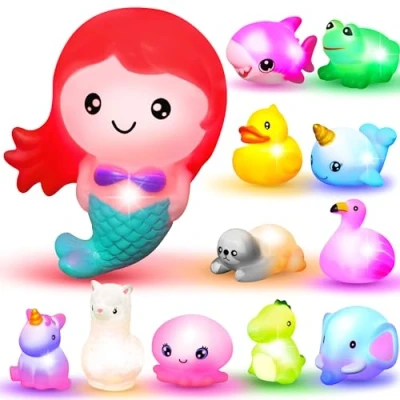 Immagine di JOYIN 12 pezzi luminosi giocattoli da bagno, bambino lampeggiante colorato vasca bagno a LED sirena, giocattolo doccia galleggiante in gomma