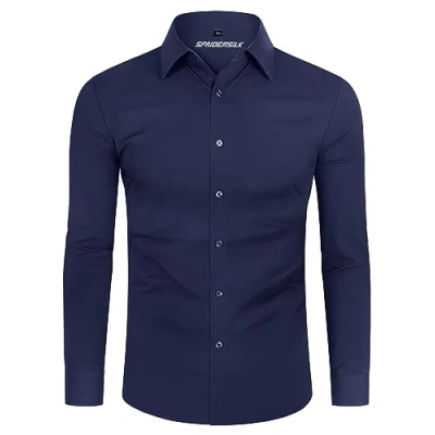 Immagine di DEMEANOR Camicia da uomo elasticizzata, a maniche lunghe, per il tempo libero, slim fit, uomo, lavoro, non necessita di stiratura, blu navy, M
