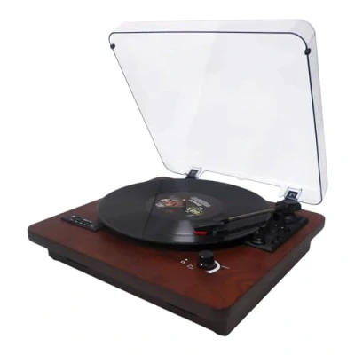 Immagine di Giradischi vintage con Bluetooth, radio FM, codifica USB/SD, 3 velocità 33/45/78 giri altoparlanti integrati, uscita RCA, ingresso AUX