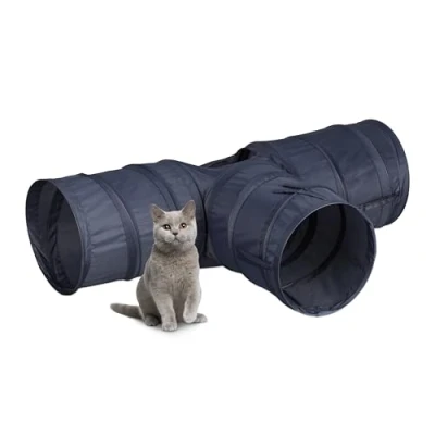 Immagine di Relaxdays Tunnel per Gatti, HLP: 25x86,5x53 cm, Tubo a 3 Vie, Cat Toy, Gioco Conigli e Porcellini d&#039;India, Grigio