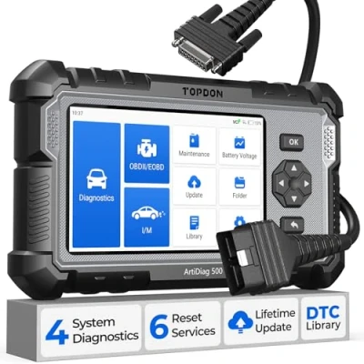 Immagine di TOPDON Dispositivo diagnostico OBD2 per auto AD500, 4 diagnostiche di sistema motore SRS ABS e trasmissione, 6 funzioni servizio olio, BMS, SAS, DPF, TPMS valvola a farfalla,