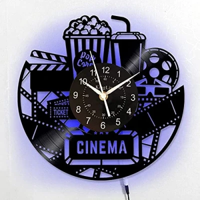 Immagine di Smotly orologio da parete in vinile, Popcorn Cinema Package a tema con luce notturna LED, un regalo per gli amici che amano i film.