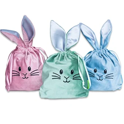 Immagine di 3 Sacchetti di velluto con orecchie Nido Pasqua alternativo in design coniglietto pasquale Alta qualità e riutilizzabile Cestino da riempire Set 1