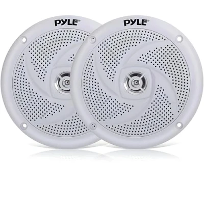 Immagine di Pyle Altoparlanti marini, PLMRS5W, sistema audio stereo a 2 vie, impermeabile e resistente alle intemperie, 180 Watt di potenza basso profilo, 1 paio, colore: bianco