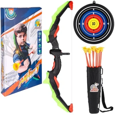 Immagine di Arco e freccia per bambini, set di giocattoli con LED, 10 frecce ventose, bersaglio carcone, giocattolo da allenamento interno ed esterno bambini ragazze
