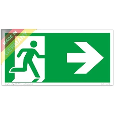 Immagine di Cartello uscita di emergenza con freccia rivolta a destra, fotoluminescente, 300 x 150 mm, in PVC, autoadesivo, ai sensi della ASR A1.3 DIN 7010 (segnale salvataggio, via salvataggio)