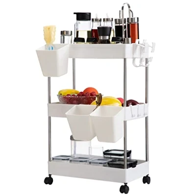 Immagine di DOEWORKS Carrelli Portaoggetti con Tazze Appese Carrello Cucina a 3 Ripiani, Organizer Scaffale Ruote per Bagno Ufficio, Bianca