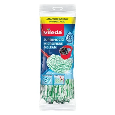 Immagine di Vileda SuperMocio Microfibre &amp; Clean ricambio, confezione da 1, compatibile con manici e attacchi a vite universali, rimuove oltre il 99% dei batteri solo acqua