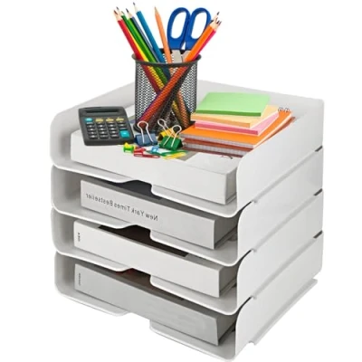 Immagine di ASelected 4 vassoi impilabili A4 31,5 x 24,5 7 cm, in plastica bianca, per documenti, riviste, ricevute, forniture ufficio (bianco)