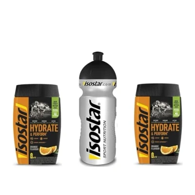 Immagine di Isostar Hydrate &amp; Perform Iso Drink 400 g di polvere per bevande isotoniche elettroliti supportare le prestazioni atletiche 2 x arance + bottiglia da 0,5 litri