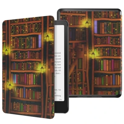 Immagine di MoKo Custodia per 7&quot; Kindle Paperwhite 12th Gen 2024&amp;Kindle Colorsoft Signature Edition 2024,Custodia Protettiva in Policarbonato di Stile Semplice e Elegante 2024,Libreria retrò