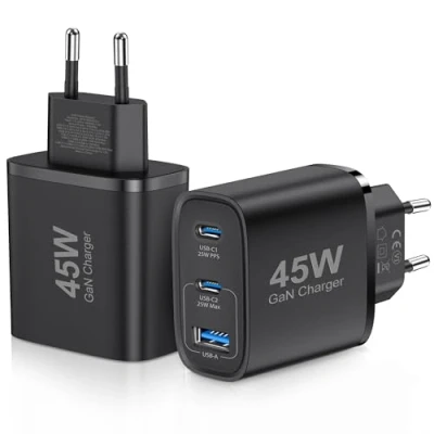 Immagine di Confezione da 2 caricabatterie USB C 45 W, GAN per iPhone/Samsung Galaxy S25/S24/S23/S22/S21 iPhone 16/15/14/13/12/11 Pro Max, 3 porte tipo multiplo PPS (nero)